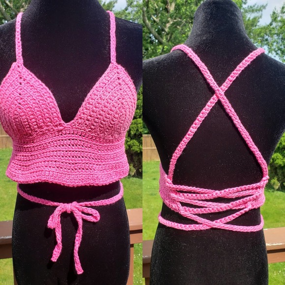 Crop Top BARBIECORE PINK Crochet Festival Cotton B CUP Adjustable Size - Picture 2 of 8